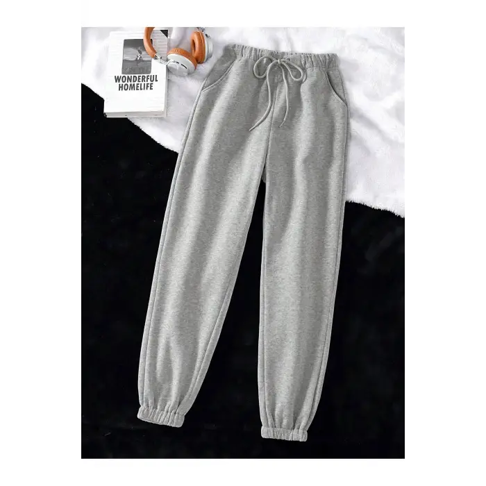 Solid Drawstring Waist Slant Pocket 4 Mevsim Eşofman