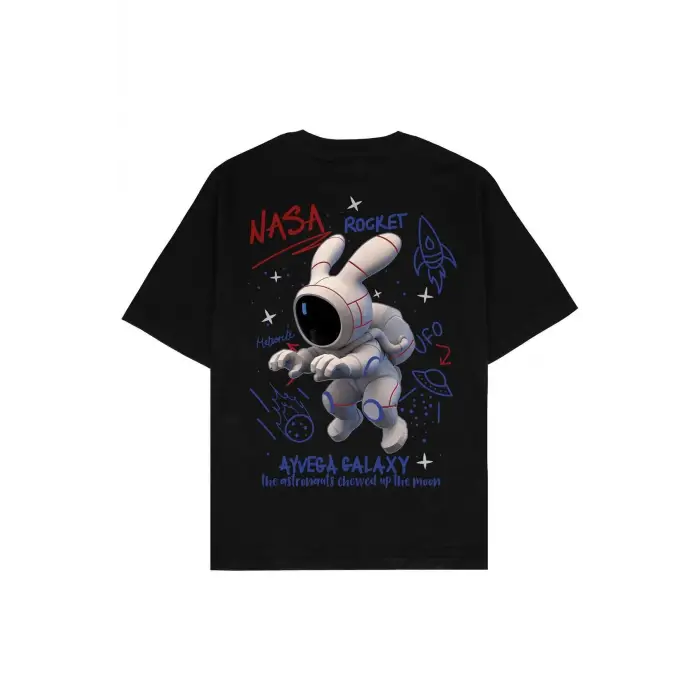 Space Bunny Siyah Oversize Unisex T-shirt