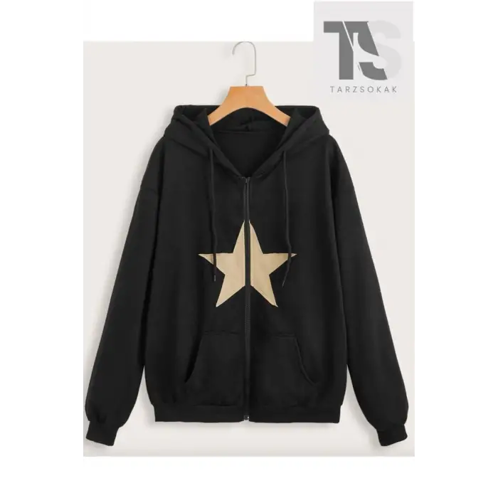 Star Desen Sweatshirt Fermuarlı Hırka Siyah