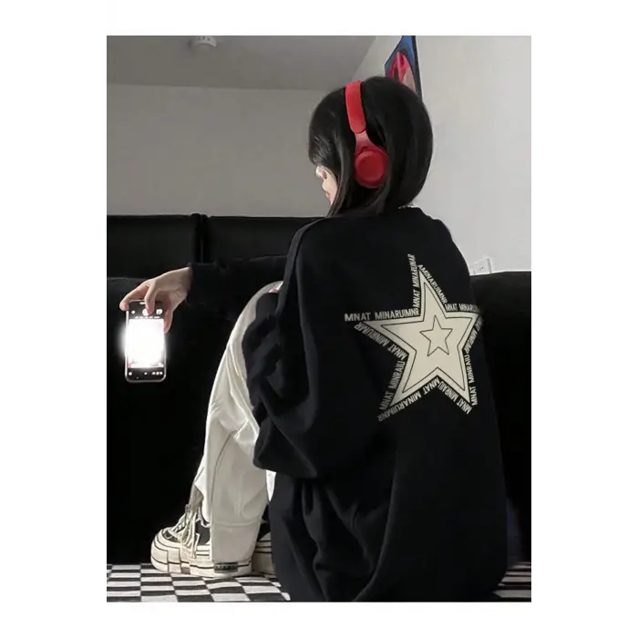 Star Pattern Drop Shoulder Oversized Pullover Siyah