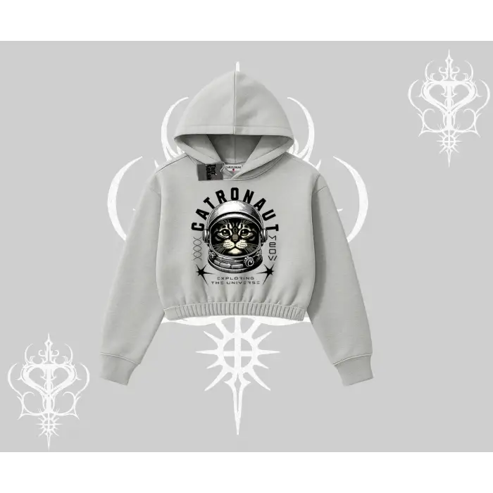Stay Cool Kedi Baskılı Kapşonlu Crop Sweatshirt