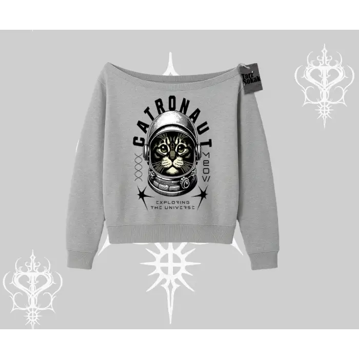 Stay Cool Kedi Baskılı Kayık Yaka Sweatshirt