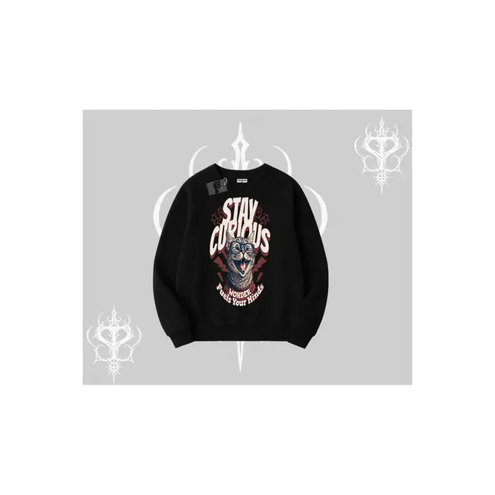 Stay Curious Kedi Baskılı Biskilet Sweatshirt