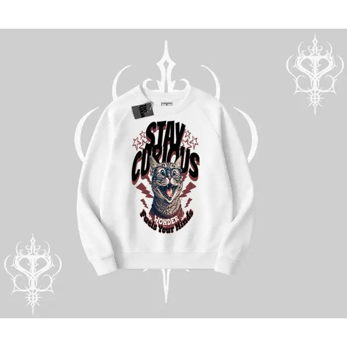 Stay Curious Kedi Baskılı Biskilet Sweatshirt