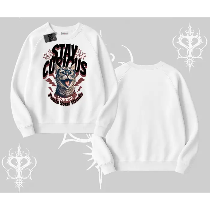 Stay Curious Kedi Baskılı Biskilet Sweatshirt