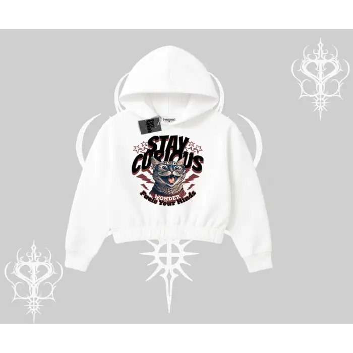 Stay Curious Kedi Baskılı Kapşonlu Crop Sweatshirt