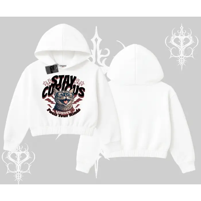 Stay Curious Kedi Baskılı Kapşonlu Crop Sweatshirt