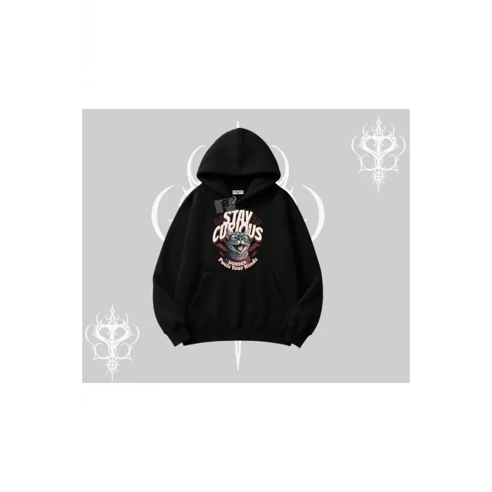 Stay Curious Kedi Baskılı Kapşonlu Sweatshirt
