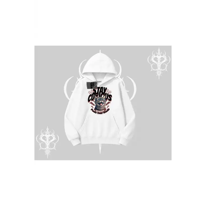 Stay Curious Kedi Baskılı Kapşonlu Sweatshirt
