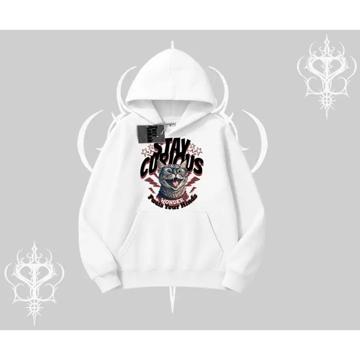 Stay Curious Kedi Baskılı Kapşonlu Sweatshirt