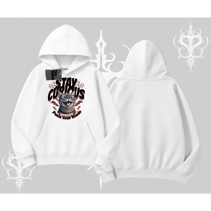 Stay Curious Kedi Baskılı Kapşonlu Sweatshirt