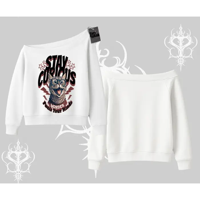Stay Curious Kedi Baskılı Kayık Yaka Sweatshirt