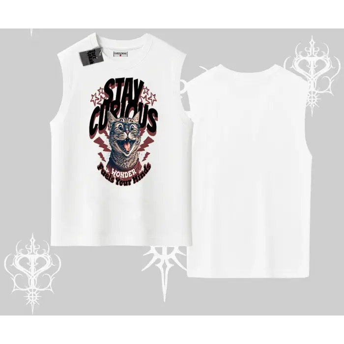 Stay Curious Kedi Baskılı Kolsuz Tshirt