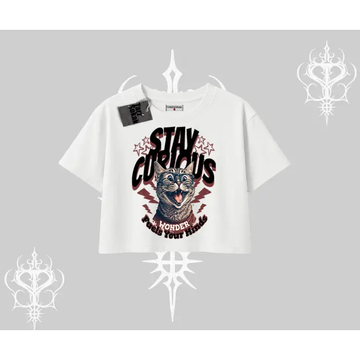 Stay Curious Kedi Baskılı Oversize Crop Tshirt