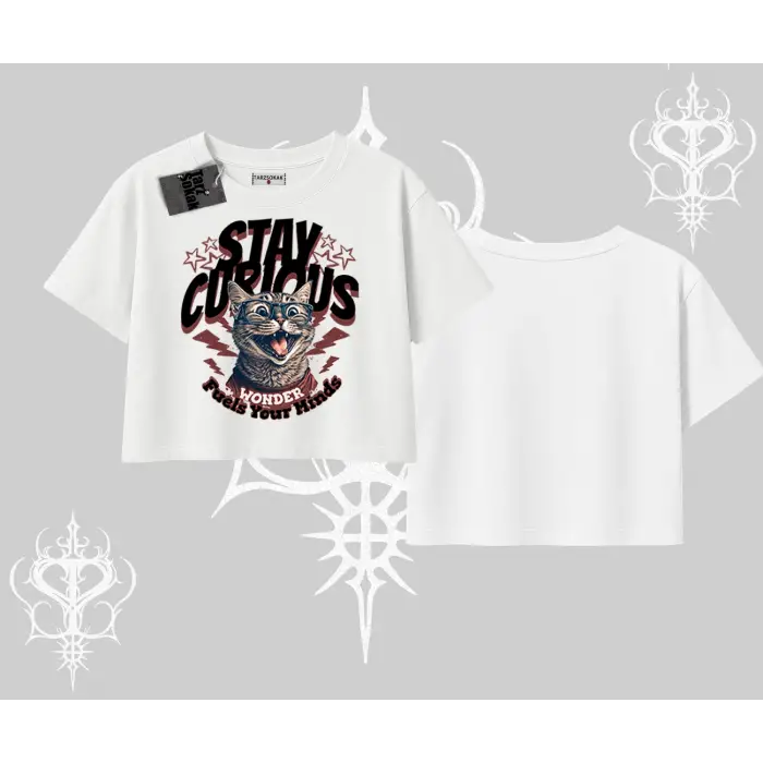 Stay Curious Kedi Baskılı Oversize Crop Tshirt