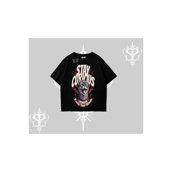 Stay Curious Kedi Baskılı Oversize Tshirt