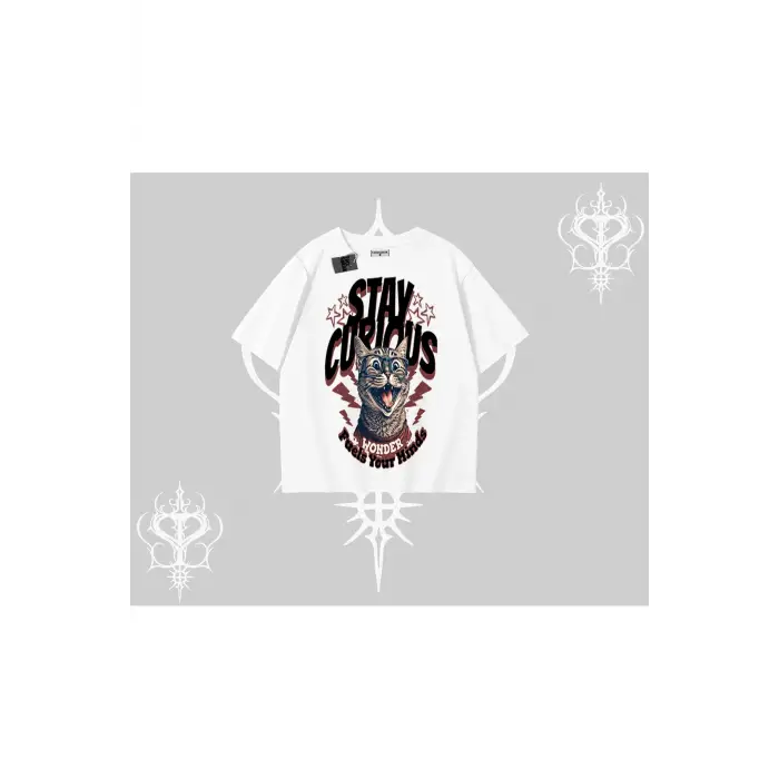 Stay Curious Kedi Baskılı Oversize Tshirt
