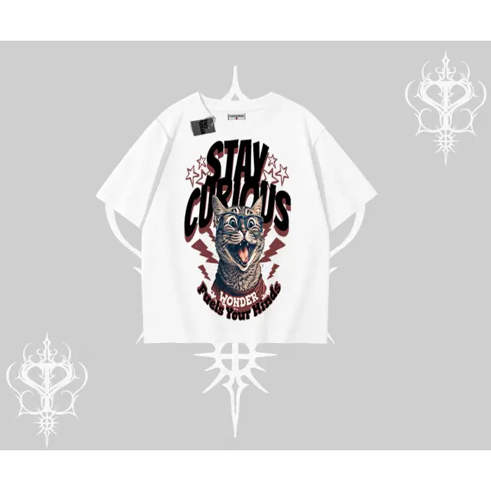 Stay Curious Kedi Baskılı Oversize Tshirt