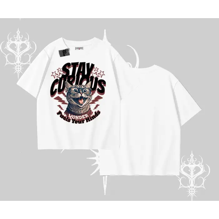 Stay Curious Kedi Baskılı Oversize Tshirt