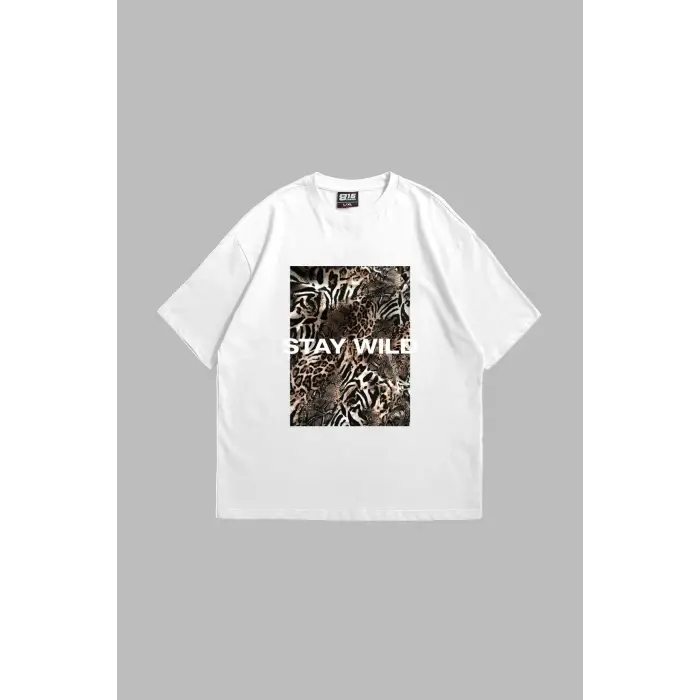 Stay Wild Leopar Baskılı 24/1 Oversize Unisex Beyaz