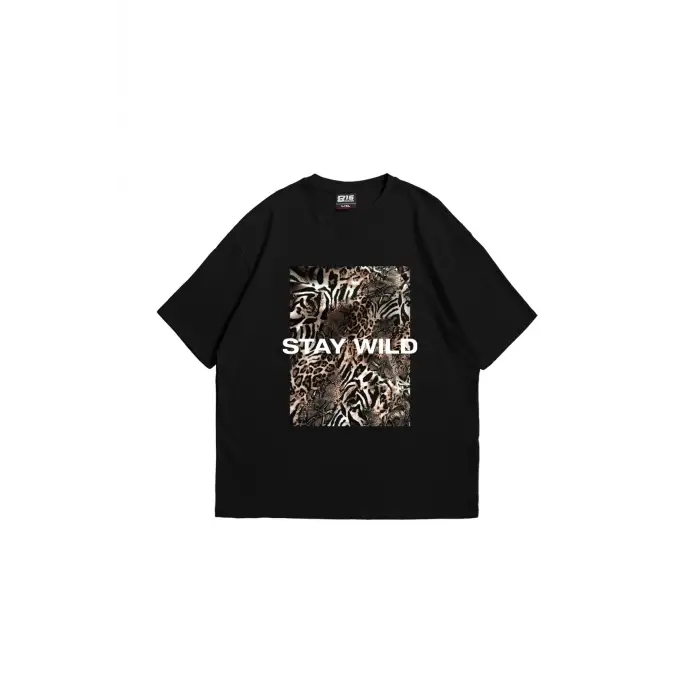 Stay Wild Leopar Baskılı 24/1 Oversize Unisex Siyah
