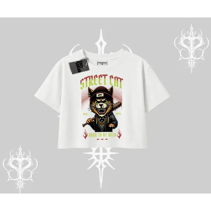 Street Cat Kedi Baskılı Oversize Crop Tshirt