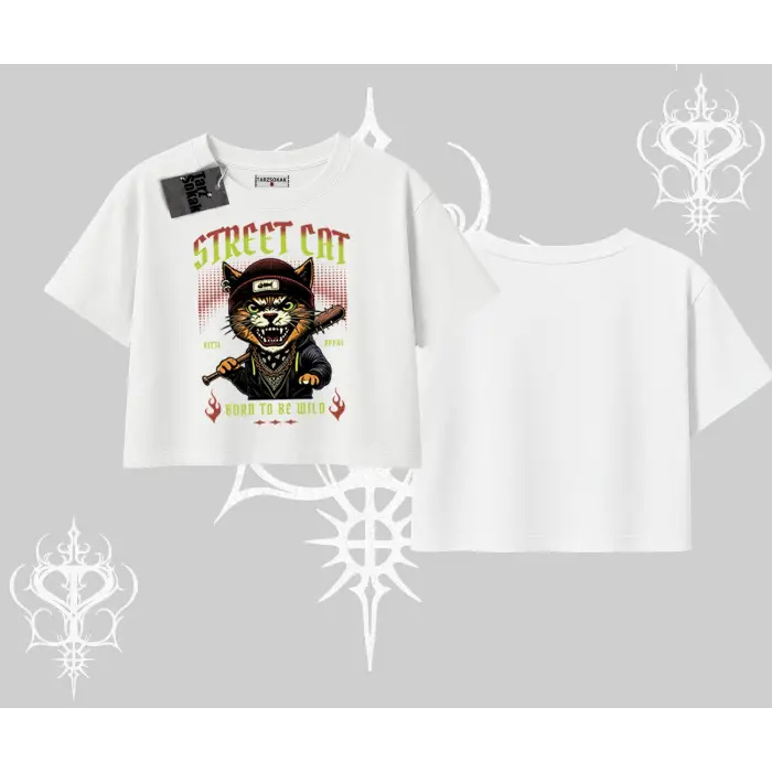 Street Cat Kedi Baskılı Oversize Crop Tshirt