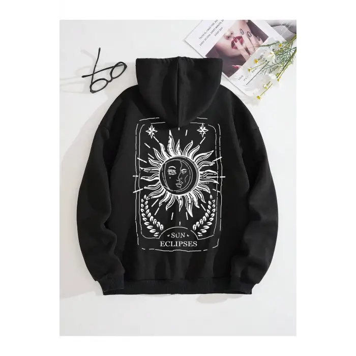 Sun & Moon Print Zip Up Drawstring Lined Hoodie Siyah