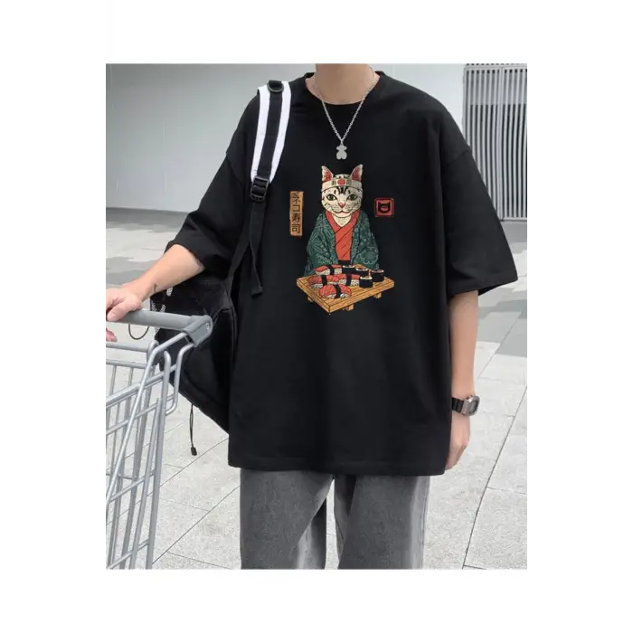 Sushi Cat Siyah Unisex Oversize
