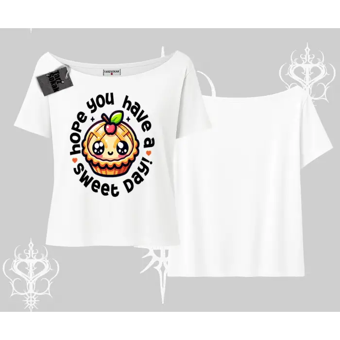 Sweet Day Cupcake Baskılı Kayık Yaka Tshirt