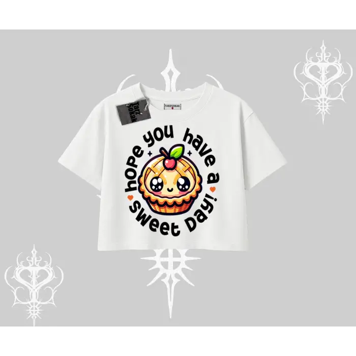 Sweet Day Cupcake Baskılı Oversize Crop Tshirt
