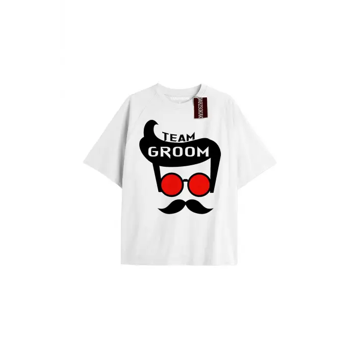 TEAM GROOM  Unisex Oversize Yazılı Tshirt BEYAZ