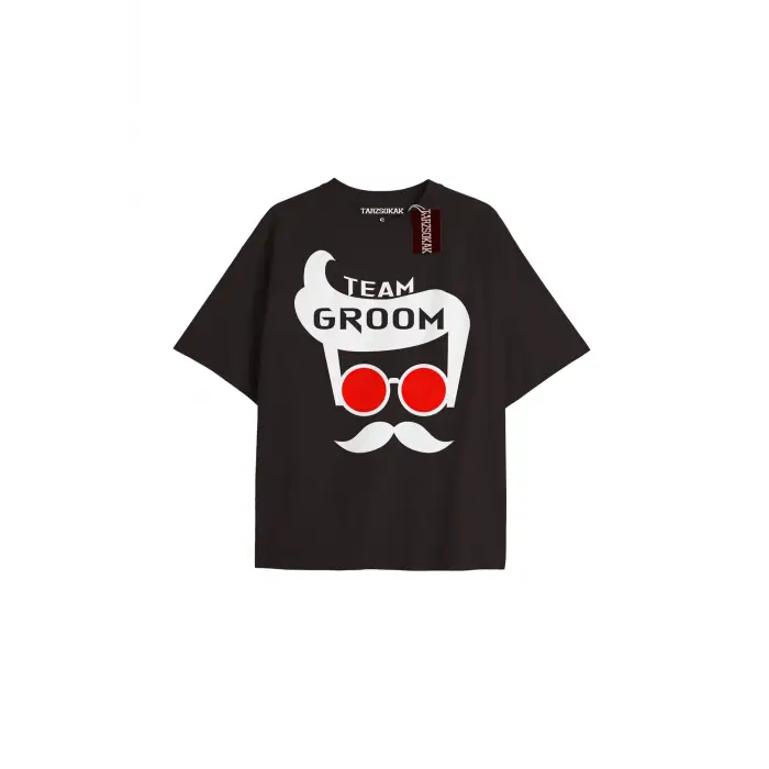 TEAM GROOM  Unisex Oversize Yazılı Tshirt SİYAH