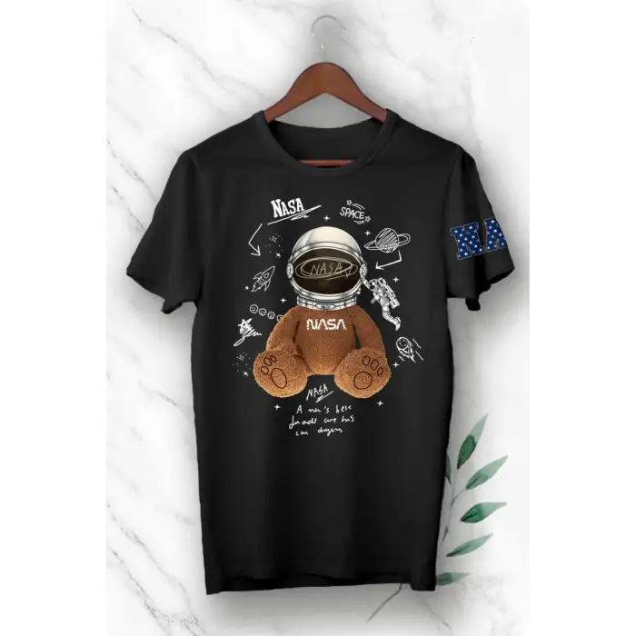 Teddy Bear Nasa Tasarım Baskılı Siyah Tişört