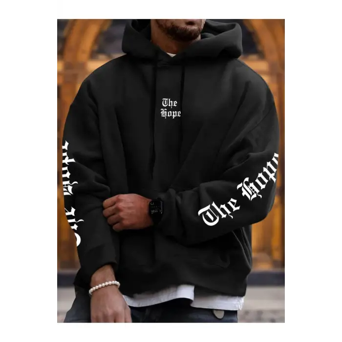 The Hope Renkli Baskılı Oversize Kapüşonlu Sweatshirt Siyah
