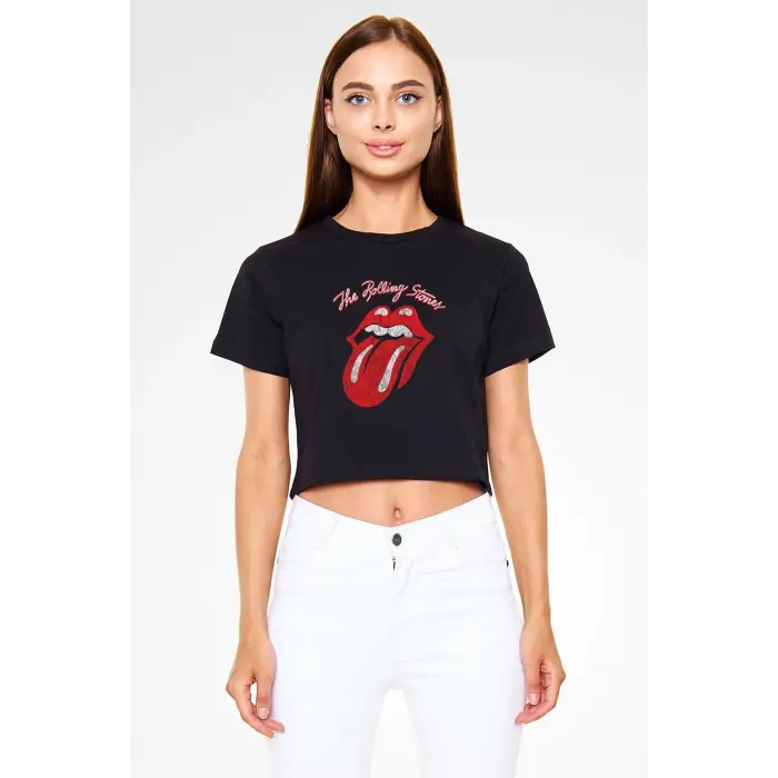 The Rolling Stones Logo Siyah Crop Top Tişört