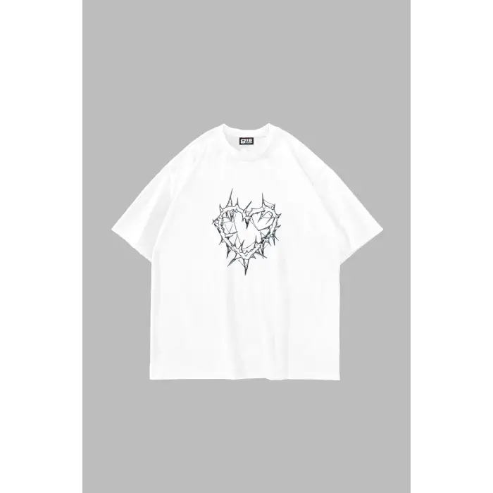 Thorny Heart Baskılı Oversize Unisex Beyaz