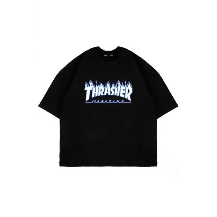 Thrasher Flam Baskılı Oversize Unisex Siyah