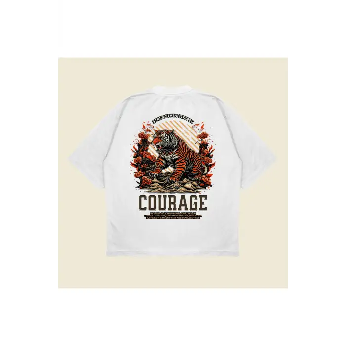 Tigercourage Baskılı Oversize Unisex Pamuklu Nefes Alan Kalın Kumaşlı