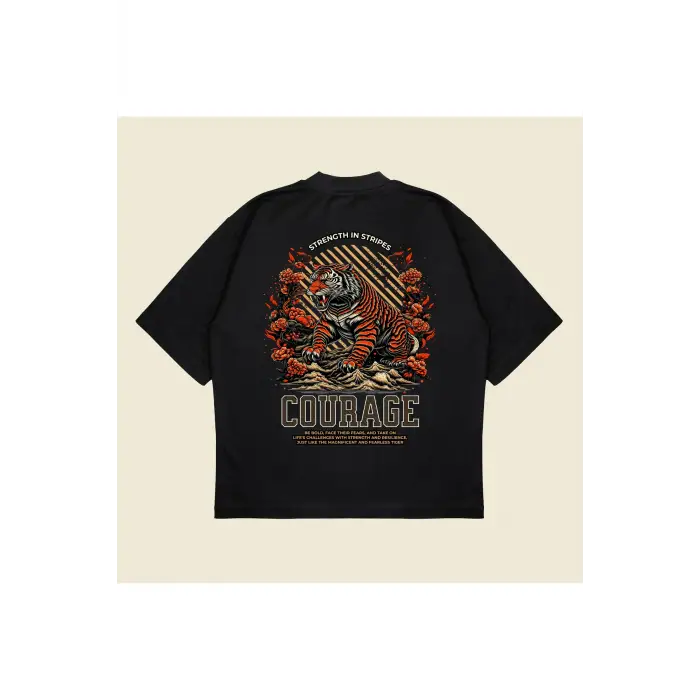 Tigercourage Baskılı Oversize Unisex Pamuklu Nefes Alan Kalın Kumaşlı