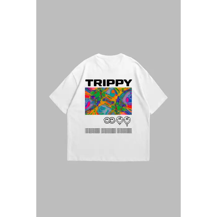 Trippy Baskılı Oversize Unisex Beyaz