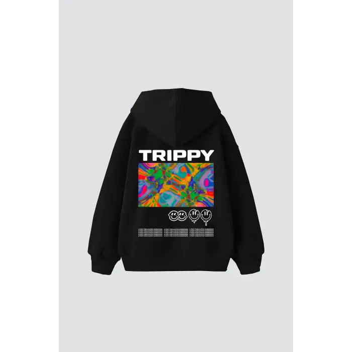 Trippy Baskılı Oversize Unisex Siyah