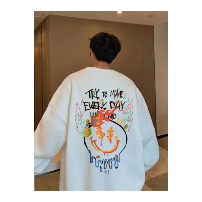 Try To Make Renkli Oversize Bisiklet Yaka Pamuklu Sweatshirt Beyaz