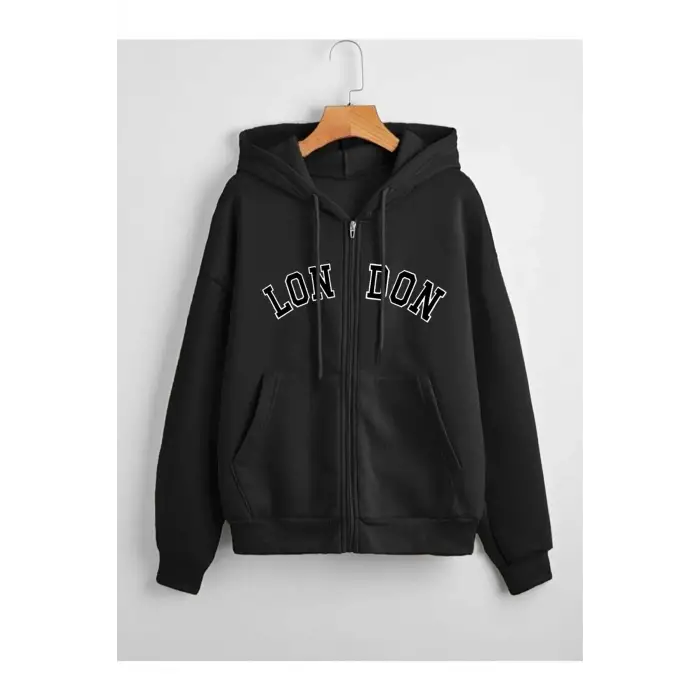 Unisex 2ip Örme Kumaş London Baskılı Kapüşonlu Fermuarlı Sweatshirt Siyah
