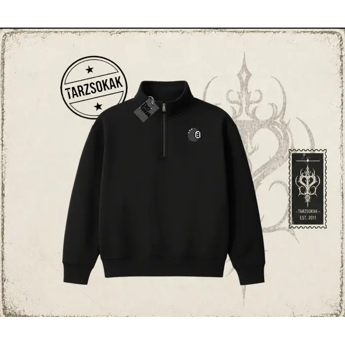 Unisex 8 Ball Unisex Polo Yaka Yarım Fermuarlı Sweatshirt Beyaz