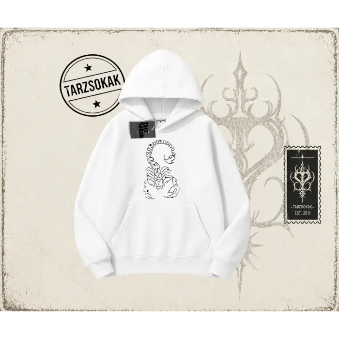 Unisex Akrep Oversize Unisex Kapşonlu Sweatshirt Beyaz