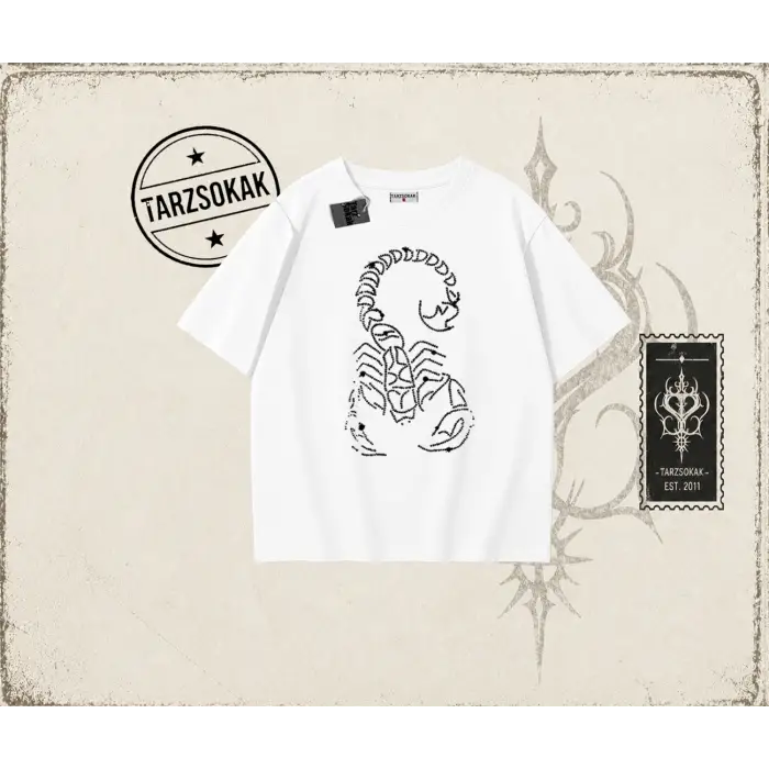 Unisex Akrep Oversize Unisex Tişört Beyaz