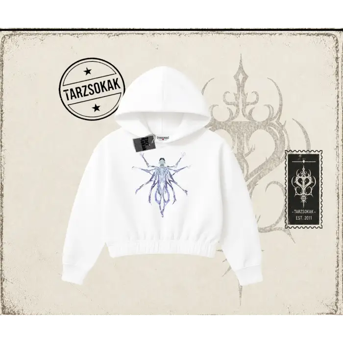 Unisex Alien Kadın Crop Kapşonlu Sweatshirt Beyaz