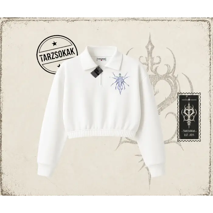 Unisex Alien Kadın Crop Polo Yaka Yarım Fermuarlı Sweatshirt Beyaz
