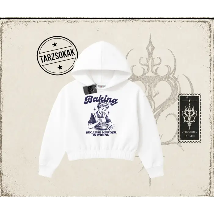 Unisex Baking Kadın Crop Kapşonlu Sweatshirt Beyaz